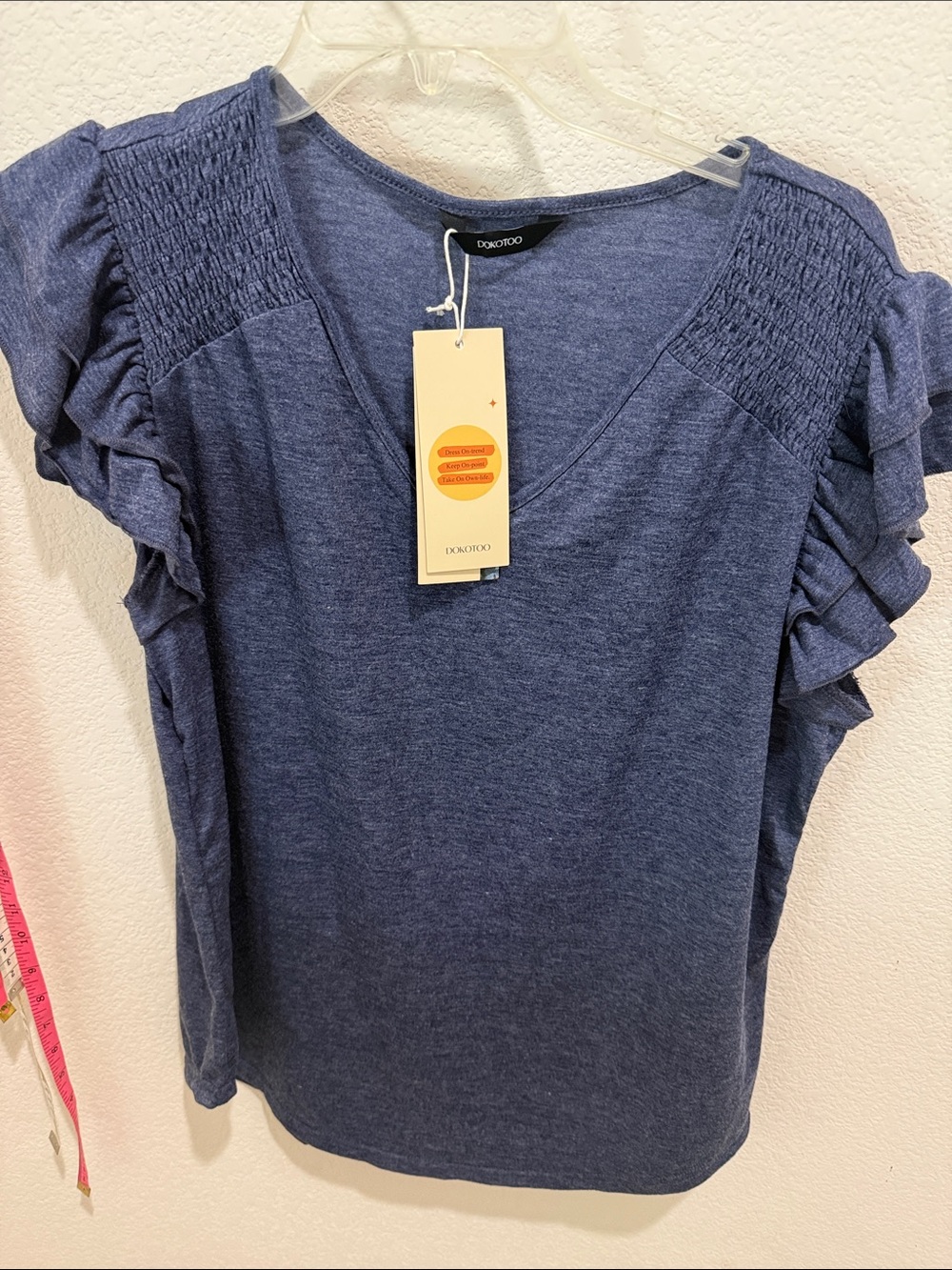 Donodoo Women's V-Neck Ruffle Sleeve Tank Top in Heather Blue